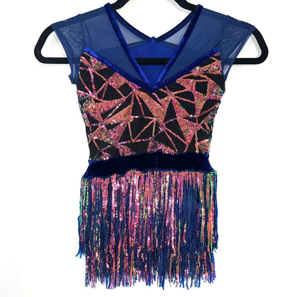 Weissman Showtime Girls ‘Misbehave’ Dance Blue Velvet Sequin Fringe Dress SC - Picture 7 of 16